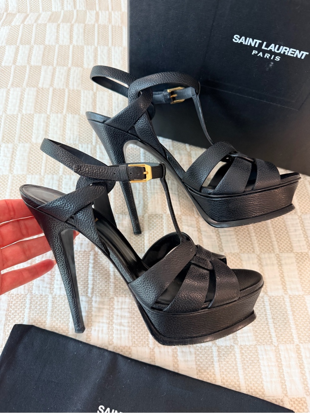 Saint Laurent Black Leather Woven T-Strap Heels with Gold Hardware - Picture 3 of 5